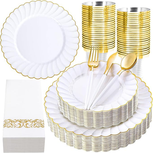 Ciaell 175 PCS White Scalloped Plastic Plates with Gold Trim - Gold Plastic Silverware with Handle - Fancy High-End Dinnerware Sets for Wedding & Party(25 Guests)