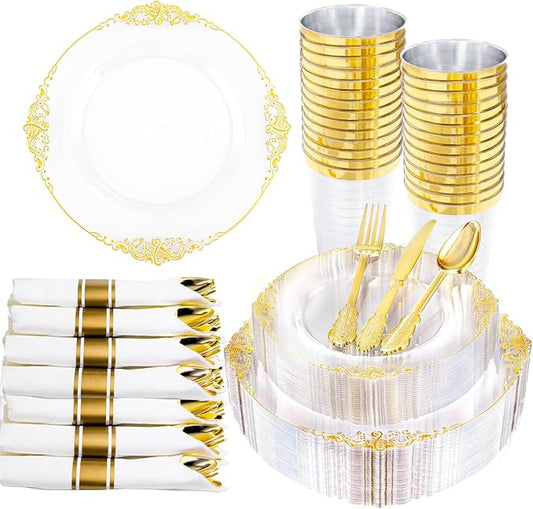 Hioasis 210pcs Clear and Gold Plates - Clear Party Plates for 30 Guest, Include 60 Heavy-duty Plates(20% Thicker Than Standard), 30 Pre Rolled Gold Plastic Silverware Set, 30 Cups