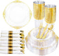 Hioasis 210pcs Clear and Gold Plates - Clear Party Plates for 30 Guest, Include 60 Heavy-duty Plates(20% Thicker Than Standard), 30 Pre Rolled Gold Plastic Silverware Set, 30 Cups