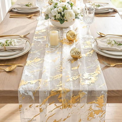 Artoid Mode Marble Pattern Beige Gauze Table Runner 10FT, Glitter Metallic Foil - Image 6