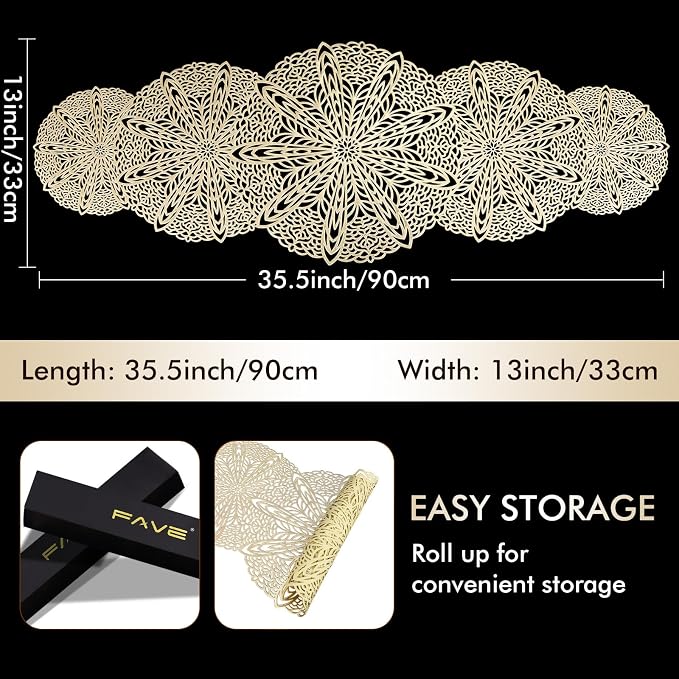 FAVE Gold Small Table Runner 36 Inch Dresser Vinyl Runner | Heat Resistant - Image 3