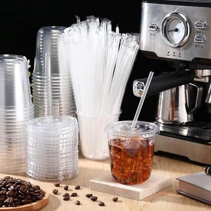 50 Sets Clear Plastic Cups with Lids and Straws, Disposable Iced Coffee Cups Drinking PET for Cold Drinks, Juice, Smoothie, Coffee Shops, Party, Christmas(Clear,12 oz)