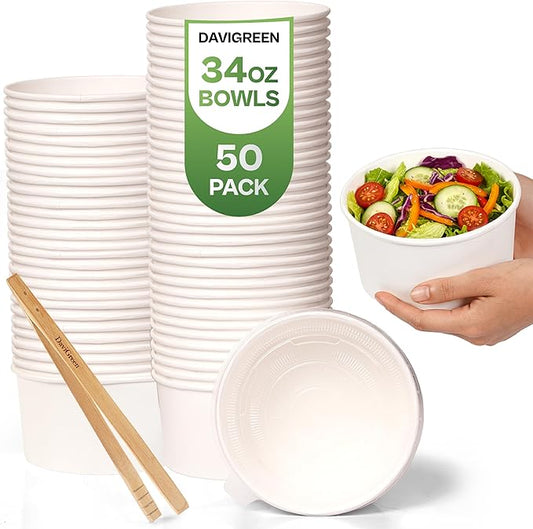 50-Pack 34 oz Paper Bowls With Lids – Disposable Bowls, Microwave & Freezer Safe, Leak-Proof Design for Hot & Cold Foods, SGS Tested Food-Safe, Eco-Friendly, For Meal Prep, To-Go, Catering.