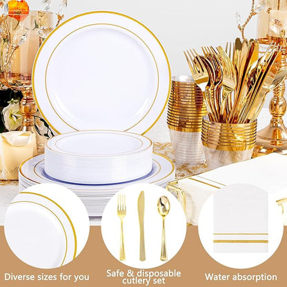 GATHER 176 Pieces Gold Dinnerware Disposable - White and Gold Plastic Plates Includes 50 Plates, 25 Plastic Silverware, 25 Napkins, 25 Cups and 1 Tablecloth for Wedding Party