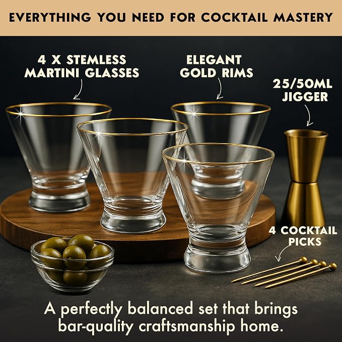 VEMACITY Stemless Martini Glasses Set of 4 | Hand-Applied Gold Rim | Includes - Image 2