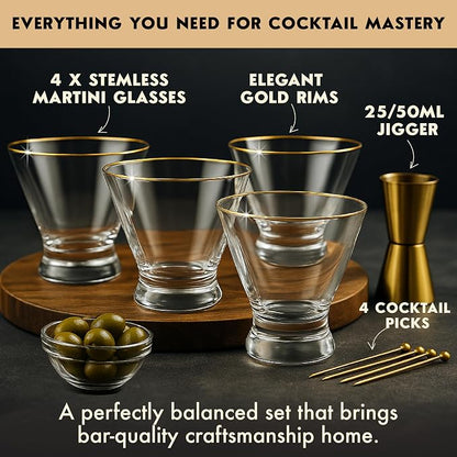 VEMACITY Stemless Martini Glasses Set of 4 | Hand-Applied Gold Rim | Includes - Image 2