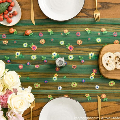 Artoid Mode Dark Green Embroidery Daisy Gauze Table Runner 120 Inch 10FT | - Image 7