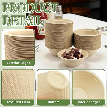 LeonBach 150 Pack 6oz Natural Bagasse Fiber Bowls, Small Disposable Paper Bowls Microwavable Safe Sample Snack Cups Charcuterie Serving Cups for Sauce Portion Condiment Ice Cream Desserts