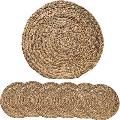 ANDSTAR Round Woven Placemats Set of 6, 12"x12", Natural Wicker Placemats, Water Hyacinth Straw Braided Placemats,Boho Place Mats for Farmhouse, Rustic Table (Water Hyacinth in Natural Color)