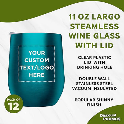 Custom Stemless Wine Glass Tumblers with Lids by Largo 11 oz. Set of 12, Personalized Bulk Pack - Perfect for Wine, Cocktails, Other Hot & Cold Beverages - Teal