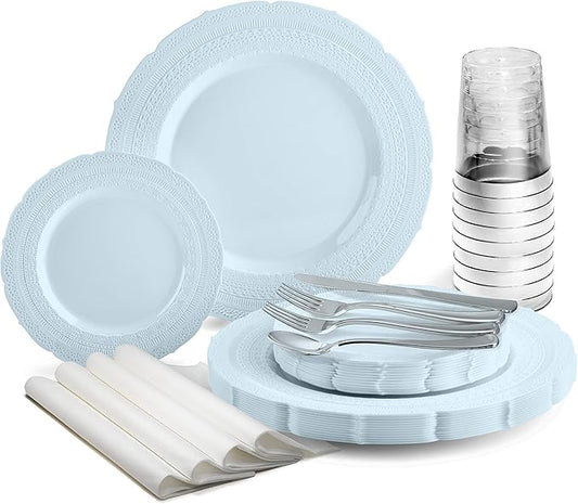 " OCCASIONS " 640pcs set (80 Guests)-Extra Heavyweight Vintage Wedding Disposable/Reusable Plastic Plates 80 x 11'' + 80 x 8.25''+Silverware+Cups+Napkins (Chateau Collection Blue)
