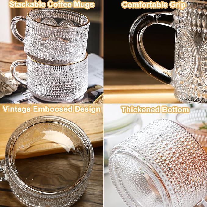 Vintage Glass Coffee Mug, 14 Ounces Clear Embossed Glass Cup - Image 3