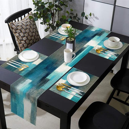 Emvency Table Runner and Placemats Set of 6, Farmhouse Abstract Teal | Grey - Image 6