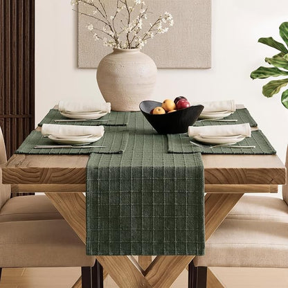 Artisanal Grid Linen Table Runner, 13x72 Inches Army Green | Heavy Textured - Image 4