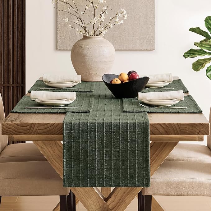 Artisanal Grid Linen Table Runner, 13x90 Inches Army Green | Heavy Textured - Image 4