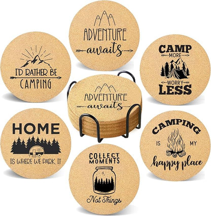 Coasters for Drinks with Holder Set of 6, Camping Coaster Absorbent Cork Wood for Cup Desk Office Table Kitchen Decor House Warming Gifts for New Home Couples, Round 4"