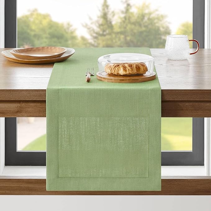 Linen Textured Border Table Runner, 14 x 108 Inch Green | Mitered Corner Design by ZEEMARTONLINE