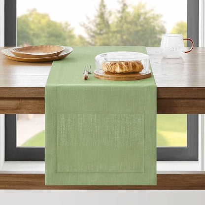 Linen Textured Border Table Runner, 14 x 108 Inch Green | Mitered Corner Design by ZEEMARTONLINE