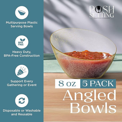 Posh Setting Gold Plastic Serving Bowls - Angled, Disposable for Chips, Candy, Salad, Fruit - Wedding and Party Table - Gold Glitter, 8 OZ, 5 Pack