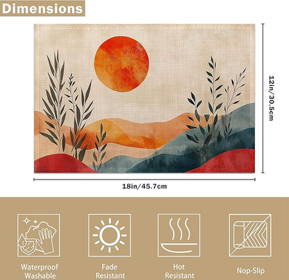 Mid Century Table Placemats Set of 6, Waterproof Linen Fabric, Non-Slip Backing & Easy Clean, Elegant Dining Table Protectors for Family and Guests(Abstract Sun)