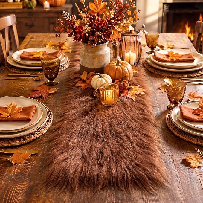 Irenare Fall Thanksgiving Table Runner Terracotta Decor Small Luxury Faux Fur by Irenare