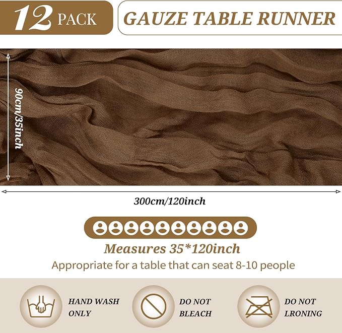 YMHPRIDE 12 Pack Cheesecloth Table Runner 35x120in Brown Table Runner | Boho - Image 2