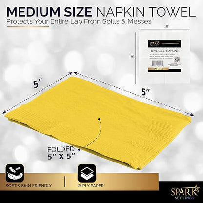 100 Pack Yellow Beverage Napkins, Big Party Pack, 2 Ply, Ideal for Wedding, Party, Birthday, Dinner, Lunch, Cocktails. (5” x 5”) by Amcrate