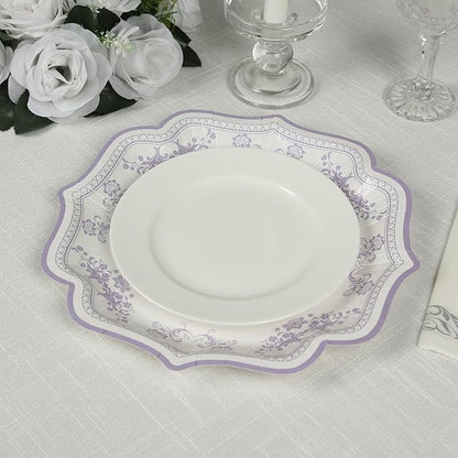 50 Pack 8" White Lavender Lilac French Toile Dessert Plates, Disposable Round Paper Floral Pattern Appetizer Salad Plates 300 GSM for Party Decoration