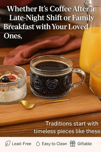 JBHO Vintage Glass 14OZ Coffee Mugs 4pcs Clear Embossed Glass Cups - Image 5
