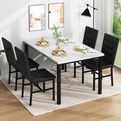 AWQM Dining Table Set for 4,Faux Marble Kitchen Table and Chairs Set of 4, Modern Dining Room Table Set for 4,Dinner Table with 4 Leather Chairs, Dinette Set for Small Spaces (White & Black)