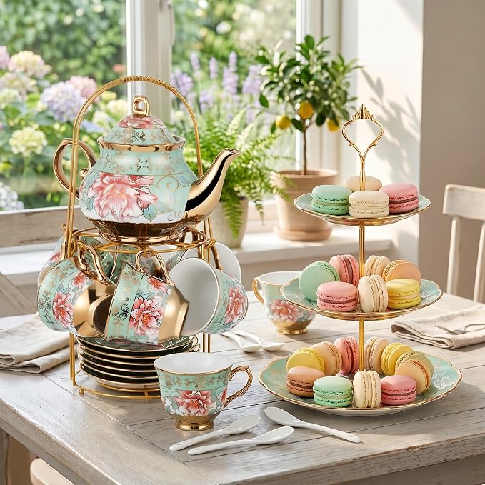 21 Pcs Porcelain Tea Set for Women Tea Party - Image 7