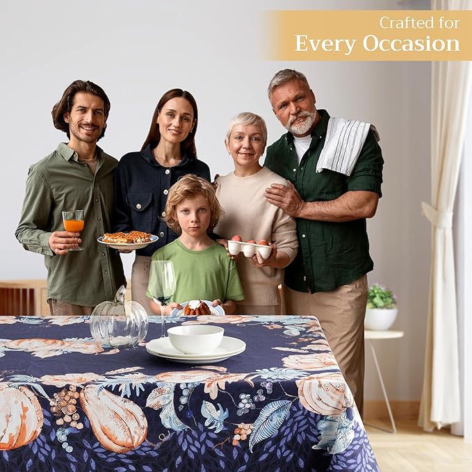 Maison d' Hermine Table Cloth Rectangle Table 100% Cotton 70 x 90 Inches Fall Tablecloth Reusable Everyday Use for Thanksgiving Christmas Decorations Dining Farmhouse Party (Pumpkin Blues)