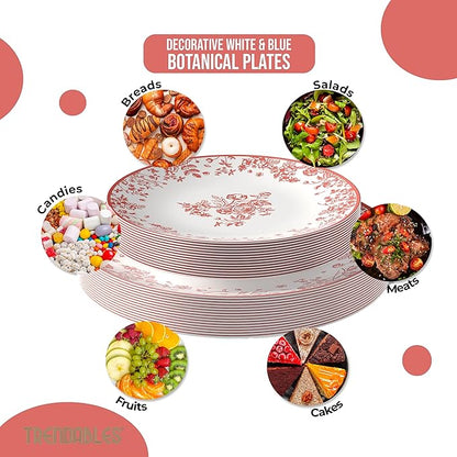Trendables Disposable Plates For Party Supplies | Pink Floral Plastic Plates For Wedding 40 Pcs - 20 X 8 & 20 X 10 Dinner Plate Sets | Floral Plate Set Disposable Plastic Dinnerware Sets