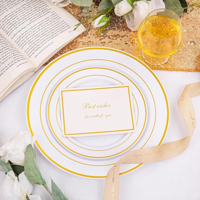 200 Pcs Gold Plastic Plates, Premium Disposable Gold Plates | Gold Rimmed - Image 3