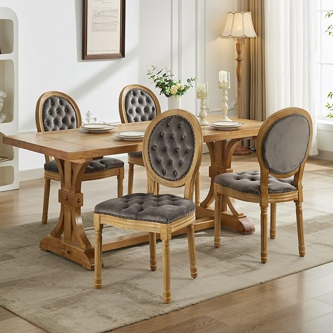 Ball & Cast French Vintage Upholstered Dining Chairs Set of 2, Button Tufted Kitchen Side-Chairs with Carved Antique Wood Frame & Nailhead Trims, 2-Piece Curved Backrest Louis Chair, Velvet Gray