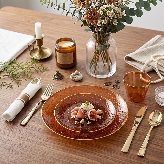 Rubtlamp 700Pcs Amber Gold Plastic Dinnerware Set, Hammered Clear Gold Plates - Image 4