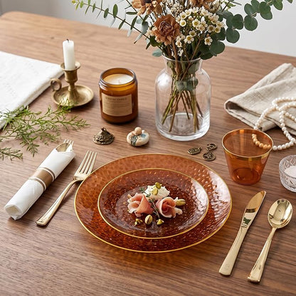 Rubtlamp 700Pcs Amber Gold Plastic Dinnerware Set, Hammered Clear Gold Plates - Image 4