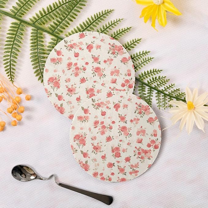 Seamless Pattern Red Roses Aesthetic Round Coaster Set of 4 Cork Tripod - Image 3