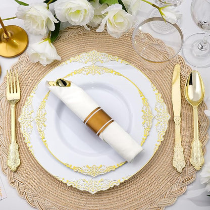 350 PCS White and Gold Plastic Plates, Plastic Dinnerware Set for 50 Guests, 100 Disposable Plates, 150 Silverwares, 50 Cups, 50 Napkins for Party, Wedding, Graduation