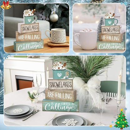 Moucuny 4 Pcs Winter Table Decor Wooden Milk Cocoa Decoration Winter Tiered - Image 7