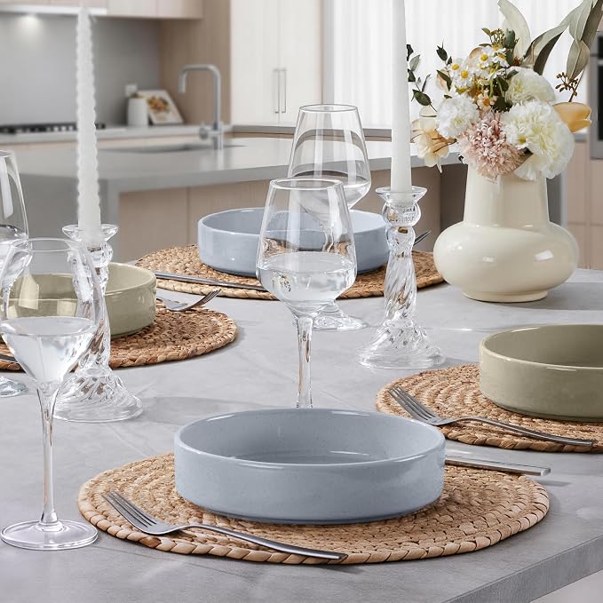E-far Pasta Bowls Set of 6, 35 oz Large Stoneware Bowl Plates | Shallow & Wide - Image 4