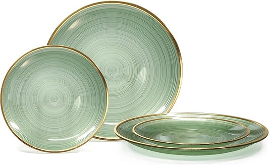 " OCCASIONS " 50 Plates Pack (25 Guests)-Wedding Party Disposable Plastic Plate Set -25 x 10'' Dinner + 25 x 7'' Salad & Dessert plates (Belize in Green & Gold)