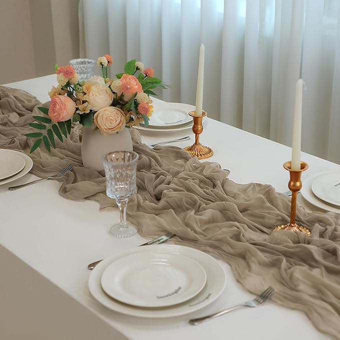 Snowkingdom 6 PCS Nude Brown Cheesecloth Table Runner, Taupe Light Tan 120 inch - Image 6