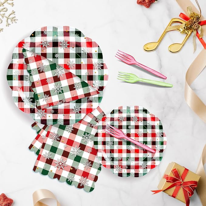 96 Pieces Christmas Plaid Tableware Set – Red and Green Checkered Disposable - Image 4