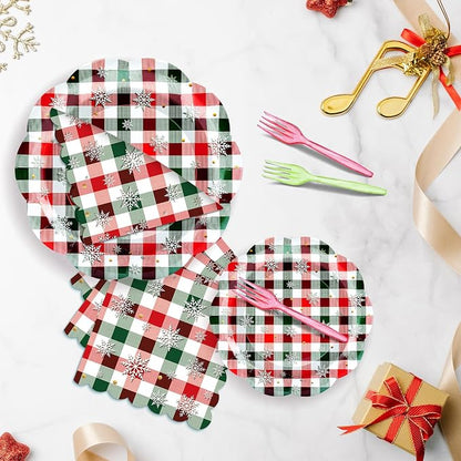 96 Pieces Christmas Plaid Tableware Set – Red and Green Checkered Disposable - Image 4