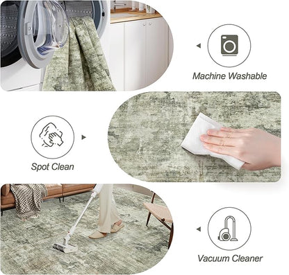 Abstract Rug 5x7 Machine Washable Area Indoor Green Black Low Pile Non-Slip Foldable Thin Accent Rugs for Bedroom Living Room Dining Room