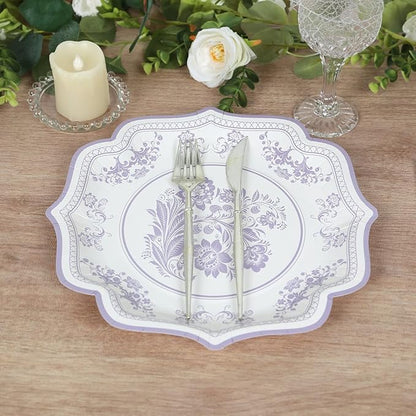 50 Pack 10" White Lavender Lilac French Toile Dinner Plates, Disposable Round Paper Party Plates 300 GSM for Festive Table Decoration