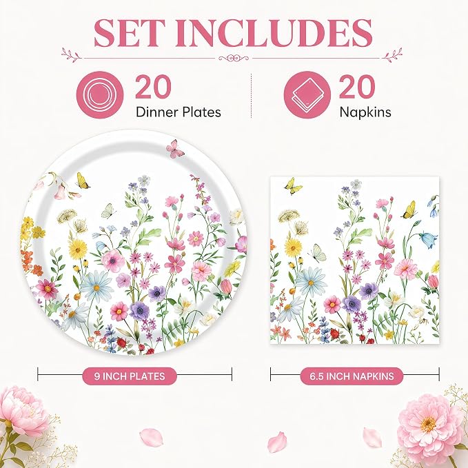 40 Pcs Wildflower Plates And Napkins, 9 Inch Floral Plates and Napkins | - Image 2