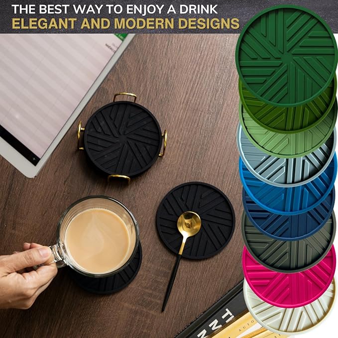 Silicone Coasters with Black Metal Holder, Set of 6, 4-Inch Diameter, Cup Mat for Drink, Stylish Home Decor, Deep Grey
