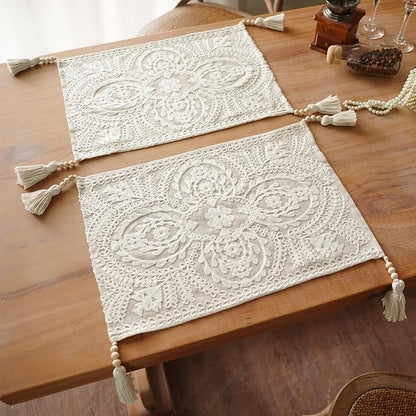 Embroidered Placemats Farmhouse Lace Doily, 8 Tassel Pendants, Layered Accent by ARTBLOSS